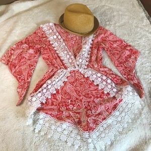 Etiquette | Coral Print Romper with white lace trim Size M